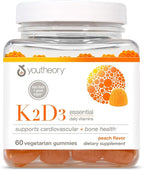 Youtheory K2D3 - Bone & Heart Health Support* - Combines Vitamin D3 & Vitamin K2 - Dairy, Soy & Gluten Free - Peach, 60 Vegetarian Gummies
