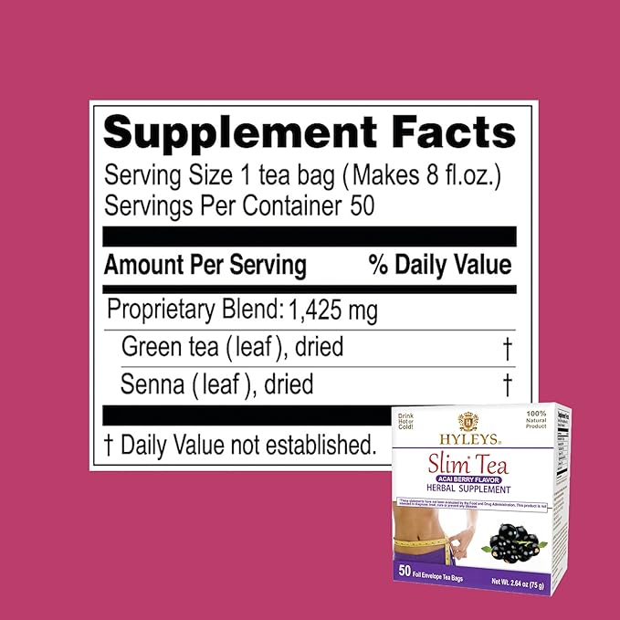 Hyleys Slim Tea Weight Loss Herbal Supplement with Acai Berry - Cleanse and Detox - 50 Tea Bags (1 Pack)