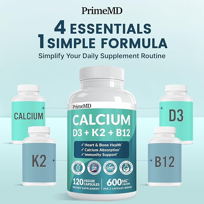 4-in-1 Calcium Supplements for Women and Men - Calcium with Vitamin D3 K2 5000 IU Supplement, 600mg per Serving - Gluten-Free, Vegan-Friendly (120 ct)