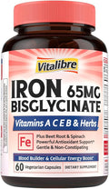 Iron Supplement for Women and Men, Iron Bisglycinate, 65mg Elemental Iron, Non-Constipating, with Vitamins C B6 B12 Folate & Beet Root, 60 Caps