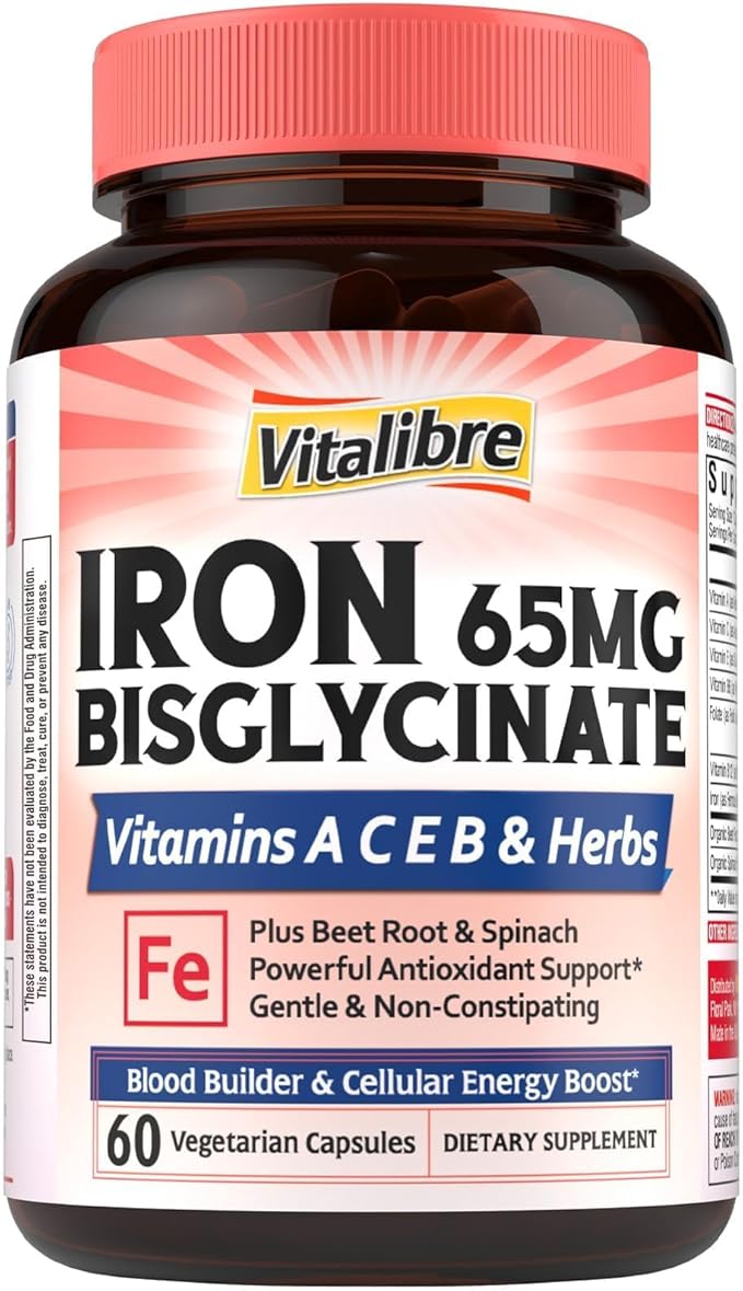 Iron Supplement for Women and Men, Iron Bisglycinate, 65mg Elemental Iron, Non-Constipating, with Vitamins C B6 B12 Folate & Beet Root, 60 Caps