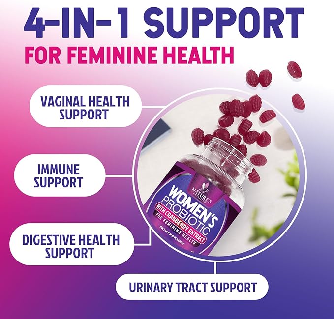 Nature's Nutrition Probiotics for Women Gummies with Cranberry - 6 Premium Strains for PH Balance, Digestive Health, Vaginal & Immune Support, Women's Probiotic Gummy for Feminine Health - 120 Gummies