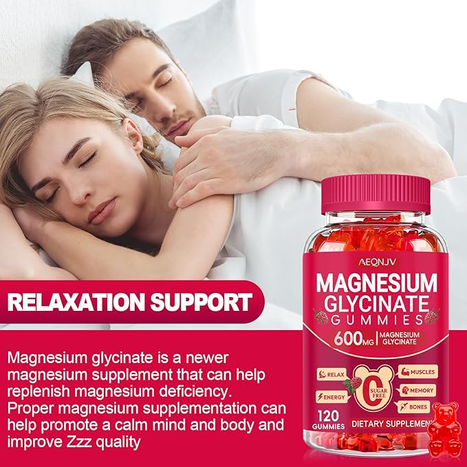 Magnesium Glycinate Gummies 600mg, Sugar Free Magnesium Gummies for Adults, Chewable Potassium Supplements for Sleep, Body Support and Relaxation, 2 Pack