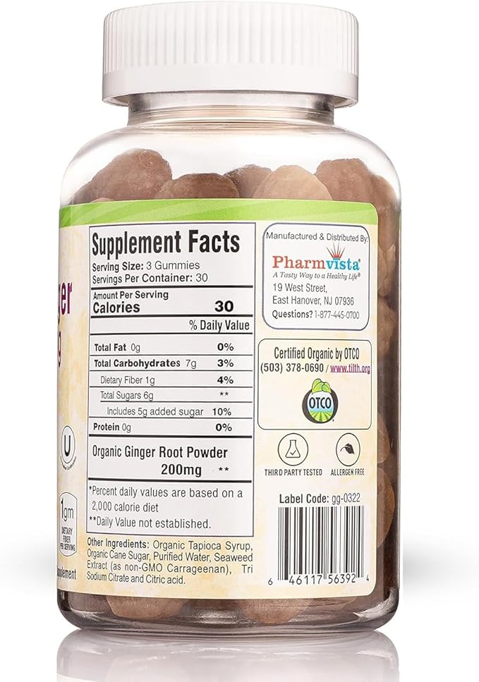 Pharmvista USDA Organic Ginger Gummies 200mg 90 Count for Nausea Management and Digestive Health