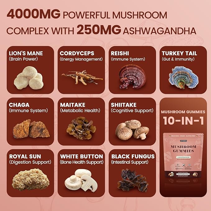 Lions Mane Mushroom Gummies with Ashwagandha, 4000mg 10-Mushroom Complex & 250mg Ashwagandha, Cognitive Support, Mood, Brain Health & Memory, Energy, Reishi, Cordyceps, Turkey Tail, Chaga, 60 Count