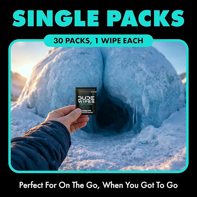 DUDE Wipes On-The-Go Mint Chill Travel Wipes - 2 Pack, 60 Count (Individually Wrapped) - Extra-Large Adult Flushable Wipes - Infused with Tea Tree Oil, Vitamin E, and Aloe - Septic and Sewer Safe
