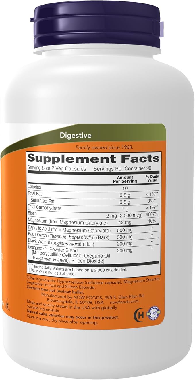 NOW Foods Supplements,Candida Support with PAU D'Arco,Oregano Oil,Black Walnut & Caprylic Acid,180 Veg Capsules,(Pack of 2)
