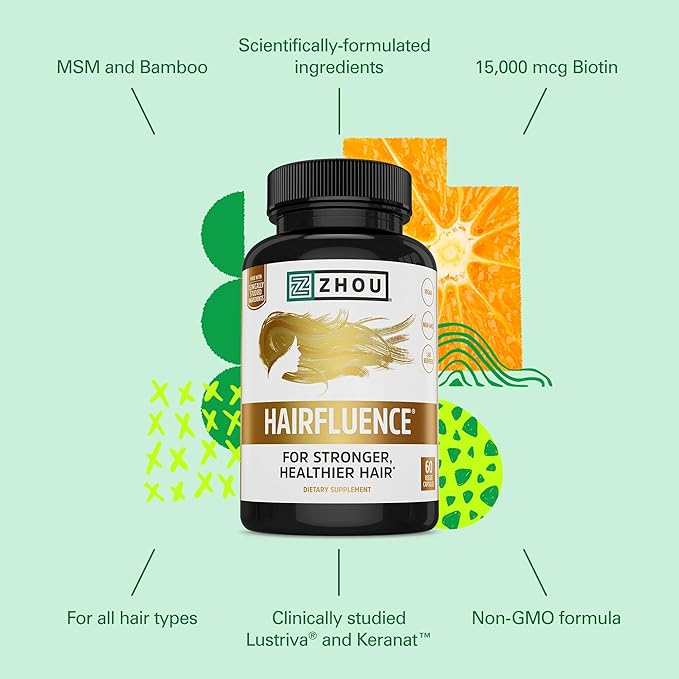 Zhou Hairfluence - Vegan Biotin Supplement for Hair Growth for Men & Women, Supports Stronger, Healthier Hair, Nails, & Glowing Skin with Lustriva & B Vitamin Complex - 60 Veggie Capsules (Pack of 1)