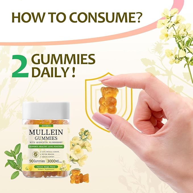 Mullein Gummies with 3600mg Mullein Leaf Extract, 7 in 1 for Lung Cleanse, Respiratory Lung Health, Immune Booster, Elderberry, Quercetin, Bromelain, No Sugar, for Adults, Vegan, 90 Count