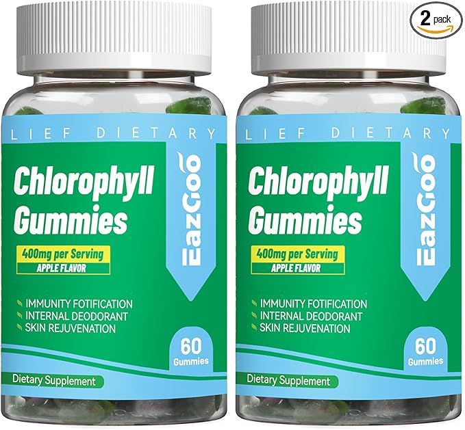 2 Pack Chlorophyll Gummies for Body Odor Deodorant*, Sugar Free Chewable Chlorophyll for Immune Support Women Vegan,120 Count