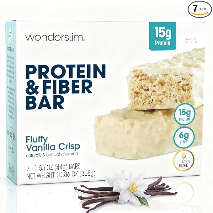 Wonderslim High Fiber Protein Bars, Fluffy Vanilla Crisp | 15g Protein, 6g Fiber | Low Sugar, Low Carb | Healthy Indulgence | Satisfying, Supports Energy & On-the-Go Convenience, 7 Pack