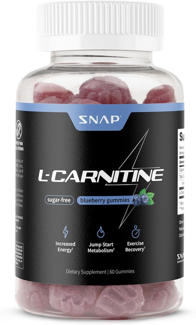 Snap Supplements L-Carnitine Tartrate Sugar Free Gummies 500mg, Amino Acid Supplement for Healthy Exercise Recovery, Metabolism, & Energy*, 60 Vegan Gummies, Blueberry (30 Day Supply)