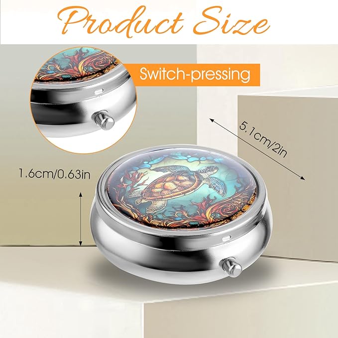WLLHYF Pill Box Cute Small Pill Box for Purse & Pocket Medicine Organizer Travel Pillbox Waterproof Pills Cases Metal Pills Container Holder for Vitamins, Fish Oil, Supplements (Grey sea Turtle)