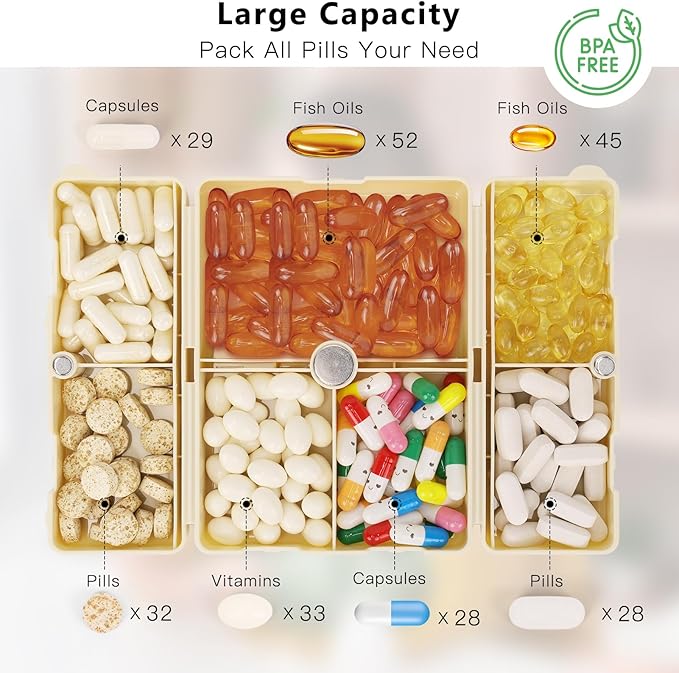 FYY 2 Pcs Daily Pill Organizer, 7 Compartments Portable Pill Case Travel Pill Organizer,[Folding Design] Pill Box for Purse Pocket to Hold Vitamins,Cod Liver Oil,Supplements and Medication-White