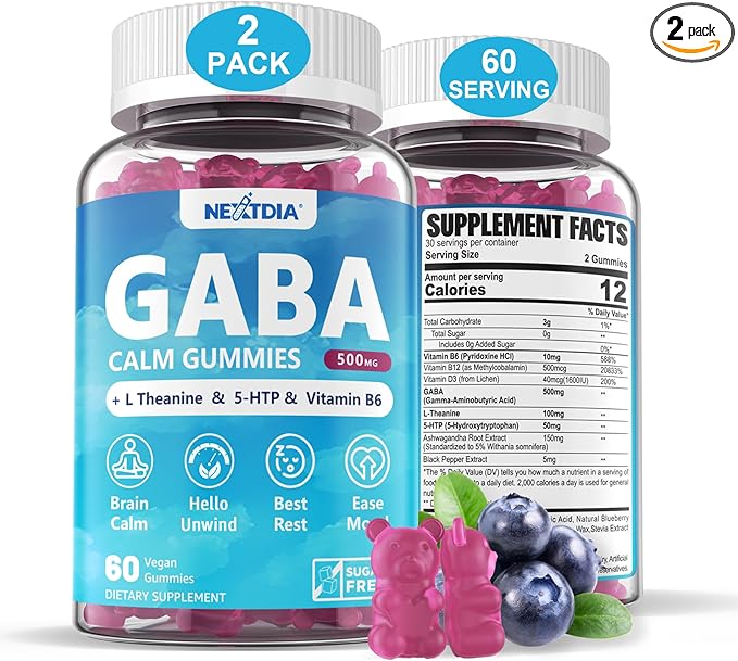 GABA Gummies 500 mg - Sugar-Free Calm Gummies with L Theanine, 5-HTP, Vitamins D3, B12, Ashwagandha, Melatonin-Free for Brain Calm, Mood, Zzz Better, GABA Supplement for Adult, Blueberry Flavor,2 Pack