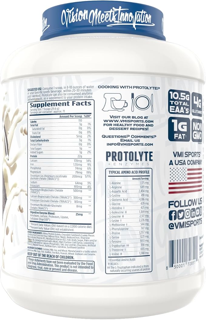 VMI Sports | ProtoLyte Whey Isolate Protein Powder | Low Calorie Whey for Weight Loss and Muscle Gain | Digestive Enzymes | Non-GMO (4.6 lb, Milk and Cookies)