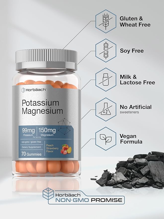 Horbaach Potassium Magnesium Gummies | Peach Strawberry Flavor | 70 Chewable Gummy | Vegan, Non-GMO, and Gluten Free Supplement