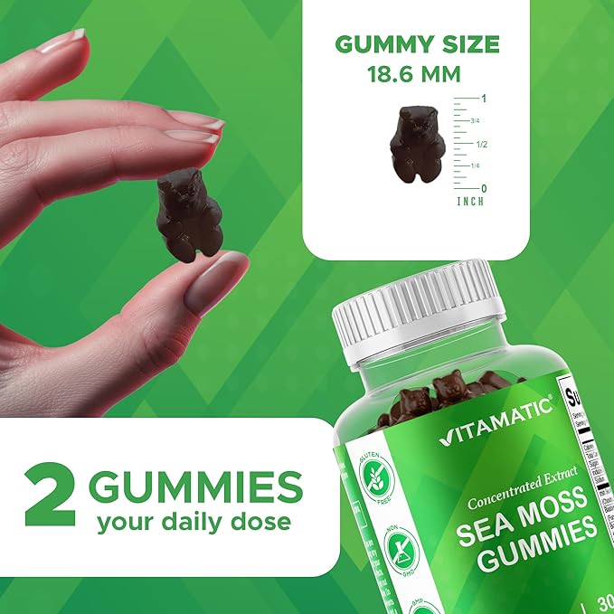 Vitamatic Irish Sea Moss Gummies with Bladderwrack & Burdock Root – Botanical Extract Supplement – Vegan, Non-GMO – 60 Count