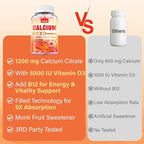 Calcium 1200 mg with Vitamin D3 Supplement for Adults - Calcium Gummies with Vitamin D3 5000IU, K2, B12 for Women Men - Extra Absorption Calcium Citrate - Natural Strawberry Flavor, 60 Gummies