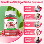 Ginkgo Biloba Gummies with Panax Ginseng and Magnesium, Ginkgo Biloba Supplements for Focus, Memory, and Brain Health for Adults & Kids, Vegan Raspberry Flavor Gummies, 60 Count