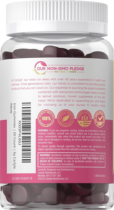 Carlyle Iron Gummies for Women | 60 Vegan Gummies | Plus B-Complex Vitamins | Grape Flavor | Non-GMO, Gluten Free Supplement