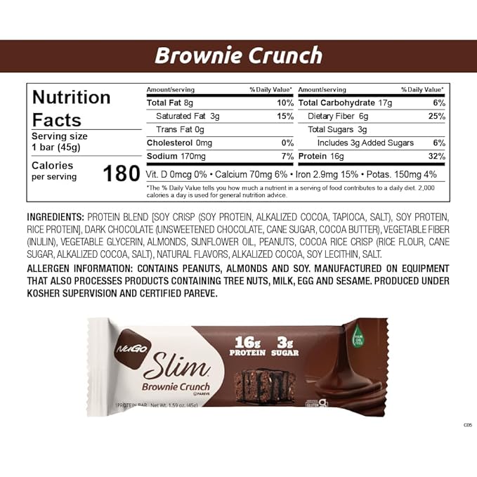 NuGo Slim Dark Chocolate Brownie Crunch, 16g Protein, 3g Sugar, 7g Fiber, Low Net Carb, Keto Friendly, Gluten Free, 12 Count