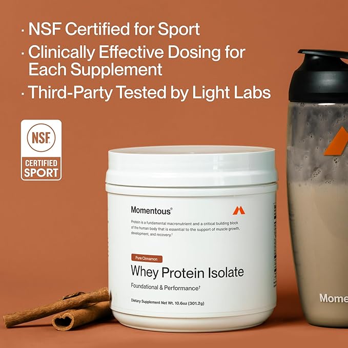 Momentous Essential Grass-Fed Whey Protein Powder - 20 g Whey Isolate Protein - NSF Certified for Sport - Gluten-Free - 12 Servings for Essential Everyday Use - Pure Cinnamon - Package May Vary