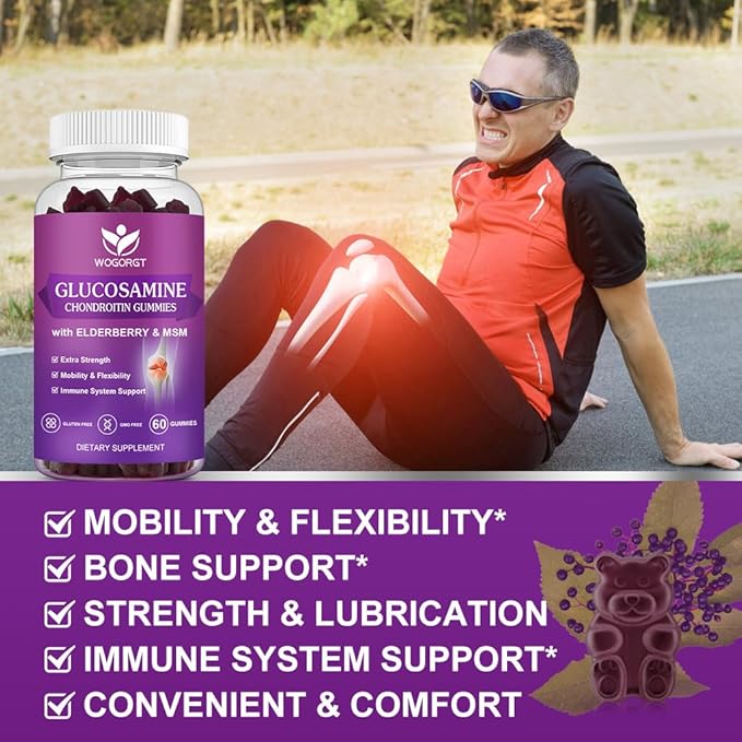 WOGORGT Glucosamine Chondroitin Gummies for Women & Men - 1500mg Glucosamine Chondroitin with MSM & Elderberry - Flexibility & Immune Support - 60 Gummies (2 Pack)