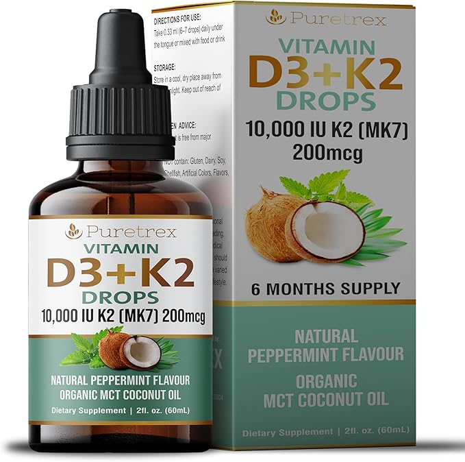 Vitamin D3 + K2 Drops 10,000 IU D3 with 200mcg K2 (MK7), Peppermint Flavour, Organic MCT Coconut Oil, 60mL, 6 Month Supply