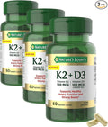 Nature's Bounty Vitamin D3 K2 Supplement, 4000 IU, D3 Plus 100 mcg of Vitamin K Supplements for Adults for Heart & Bone Health Support, 60 Day Supply, 60 Vegetarian Capsules (Pack of 3)
