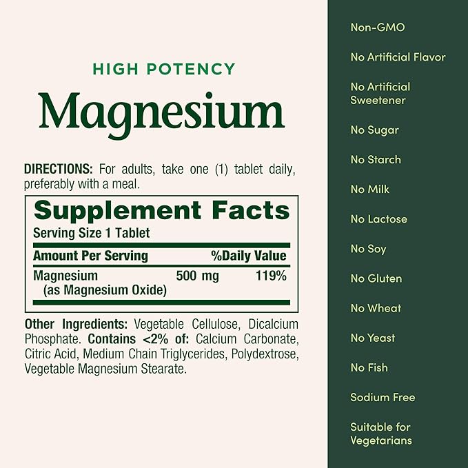 Nature's Bounty Magnesium, Mineral Supplement, Supports Bone and Muscle Health, 500 mg, Coated Tablets, 100 Count