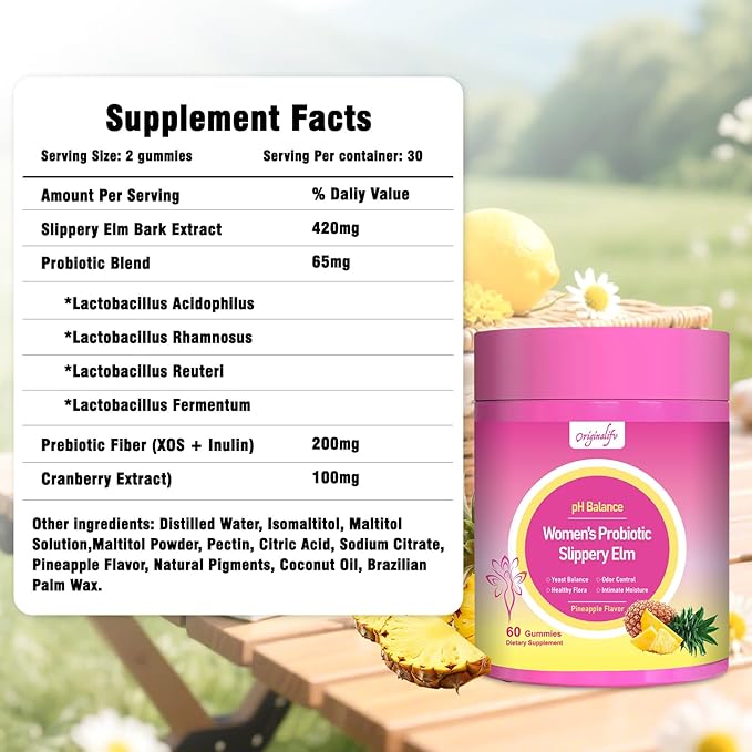 Women Probiotics Gummies, 60 Vegan Sugar-Free Hawaiian Pineapple Gummies with Slippery Elm Cranberry Lactobacillus Blend, 4-in-1 Feminine pH Balance Gut Immune Vaginal Health