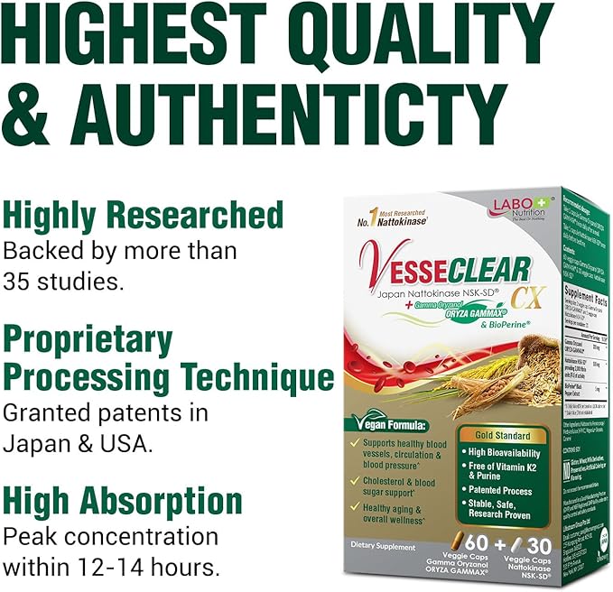 LABO Nutrition VesseCLEAR CX: Nattokinase NSK-SD + Gamma Oryzanol for Clean Blood Vessel & Healthy Ageing, Japan's Most Clinically Studied, Support Healthy Cholesterol, Heart, Vegan, Acid-Resistant