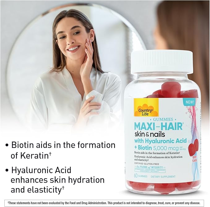Country Life Maxi-Hair Skin & Nails Gummies with Hyaluronic Acid & Biotin 5,000 mcg – Supports Hair Growth, Skin Hydration & Nail Strength – Vegan, Gluten Free – 60 Gummies