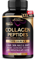 Multi Collagen Peptides - Hydrolyzed Types I, II, III, V & X - Collagen Supplement for Women 1300mg - w/ Hyaluronic Acid, Vitamins C & E - Skin, Hair, Nails & Joint Support - Made in USA, 240 Capsules