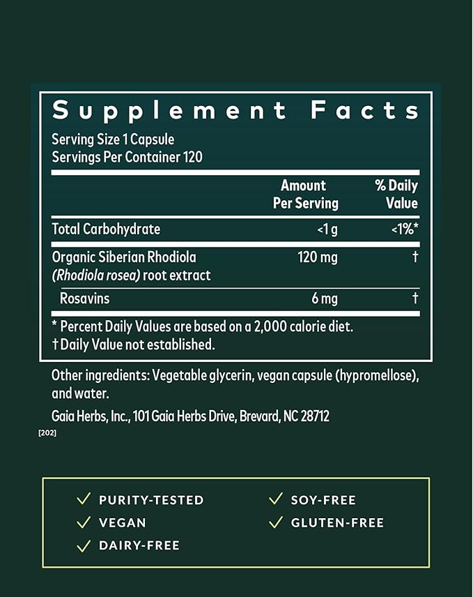 Gaia Herbs Rhodiola Rosea - Stress Support Supplement Traditionally for Supporting Healthy Stamina & Endurance* - with Siberian Rhodiola Root Extract - 120 Vegan Liquid Phyto-Caps (120 Servings)