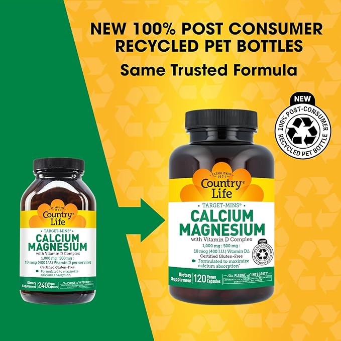 Country Life Target-Mins Calcium Magnesium with Vitamin D-Complex, 1000mg/500mg/10mcg, 240 Vegan Capsules, Certified Gluten Free, Certified Vegan