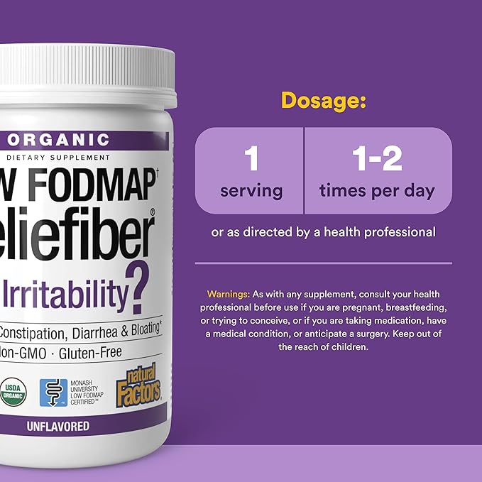 Natural Factors Organic Low FODMAP Reliefiber Powder - Digestive Health Support Supplement with Dietary & Soluble Fiber - Gut Health Support Aids Mild Bloating - Unflavored, 5.3 oz (30 Servings)