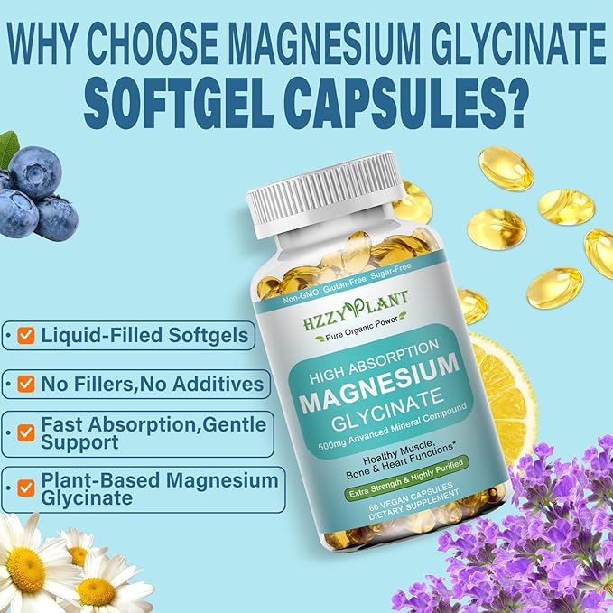 Magnesium Glycinate 500mg Softgels, High Absorption Magnesium Supplement Softgel Capsules for Muscle, Heart, Sleep & Bone Support, Stress Relief, Nerve Health & Metabolism, Non-GMO, 2 Month Supply