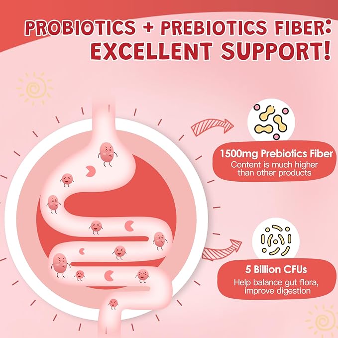 Kids Probiotic-Fiber Gummies, Probiotics-Fiber Gummies for Kids with 5 Billion CFUs & Prebiotics for Digestive Health, with Vitamin C and Zinc for Immune Support, 45 Servings, Natural Peach Flavor