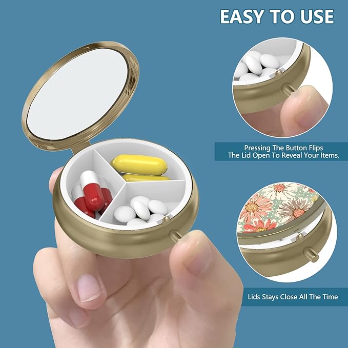 Pill Case Pill Box with Mirror Retro Small Pill Case for Purse or Pocket Bronze Pill Box or Vitamins, Fish Oil, Supplements, Pill Containe Travel Gifts（2PCS）