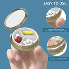 Pill Case Pill Box with Mirror Retro 3 Compartment Small Pill Case for Purse or Pocket Bronze Small Roud Pill Box or Vitamins, Fish Oil, Supplements, Pill Containe Travel Gifts（White Marble）