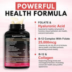 VITBOOST B12 Methylcobalamin with Hyaluronic Acid, Collagen, and Folate – 25000 mcg Supplement Enhance Absorption & Boost Energy | Gluten-Free, Made in USA, B1, B2, B3, B6, B7 Complex - Pack of 2