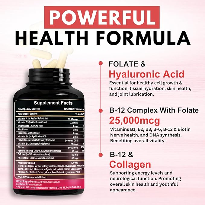 VITBOOST B12 Methylcobalamin with Hyaluronic Acid, Collagen, and Folate – 25000 mcg Supplement Enhance Absorption & Boost Energy | Gluten-Free, Made in USA, B1, B2, B3, B6, B7 Complex - Pack of 2