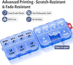 Foldable & Portable Weekly Pill Organizer 2 Times a Day with Clear Printed Labels - 7 Day AM PM Medicine Box, Week Daily Travel Pill Case Holder for Medications, Vitamin, Supplement - Clear Blue