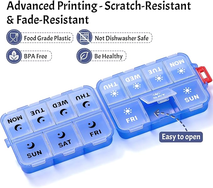 Foldable & Portable Weekly Pill Organizer 2 Times a Day with Clear Printed Labels - 7 Day AM PM Medicine Box, Week Daily Travel Pill Case Holder for Medications, Vitamin, Supplement - Clear Blue