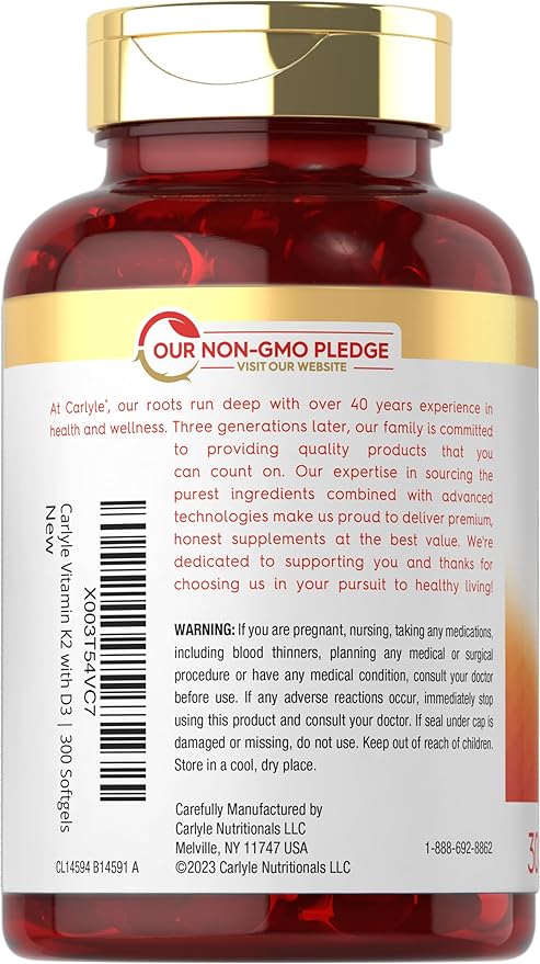 Carlyle Vitamin K2 D3 Supplement | 300 Softgels | 200mcg K2 MK7 & 10,000 IU D3 | Non-GMO, Gluten Free