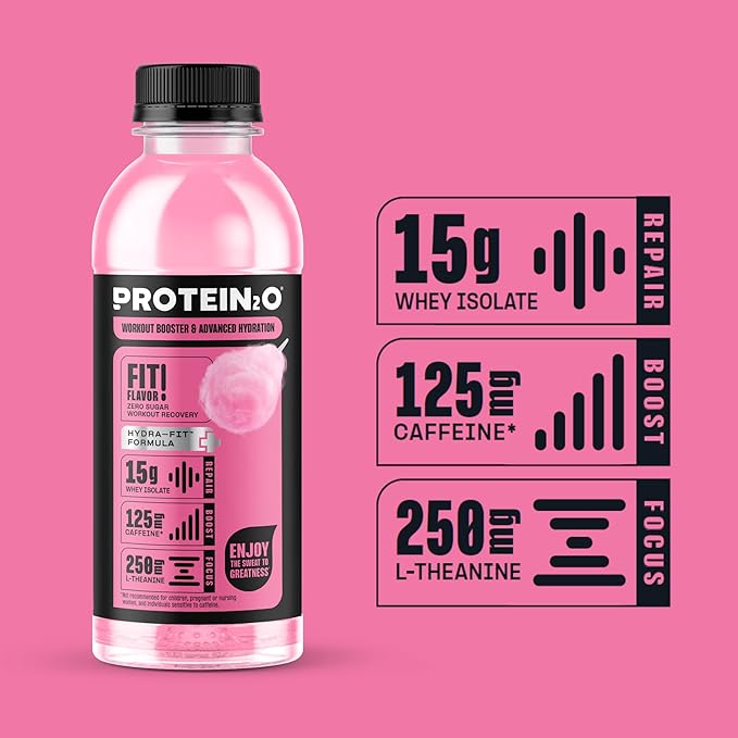 Protein2o 15g Whey Protein Isolate Hydration Drink Plus Energy & Focus,350mg of Electrolytes,Vitamins B5 & B6,Sugar Free,Cotton Candy,16.9 oz Bottle,(Pack of 24)