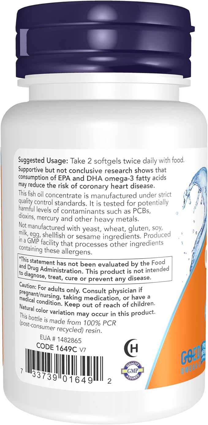 NOW Foods Supplements, Omega-3 180 EPA / 120 DHA, Molecularly Distilled, Cardiovascular Support*, 30 Softgels