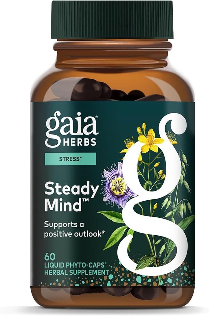 Gaia Herbs Steady Mind - Supplement Support with Herbs Traditionally Used for Stress Relief* - with St. John's Wort, Passionflower, Vervain & Oats - 60 Vegan Liquid Phyto-Capsules (60 Servings)